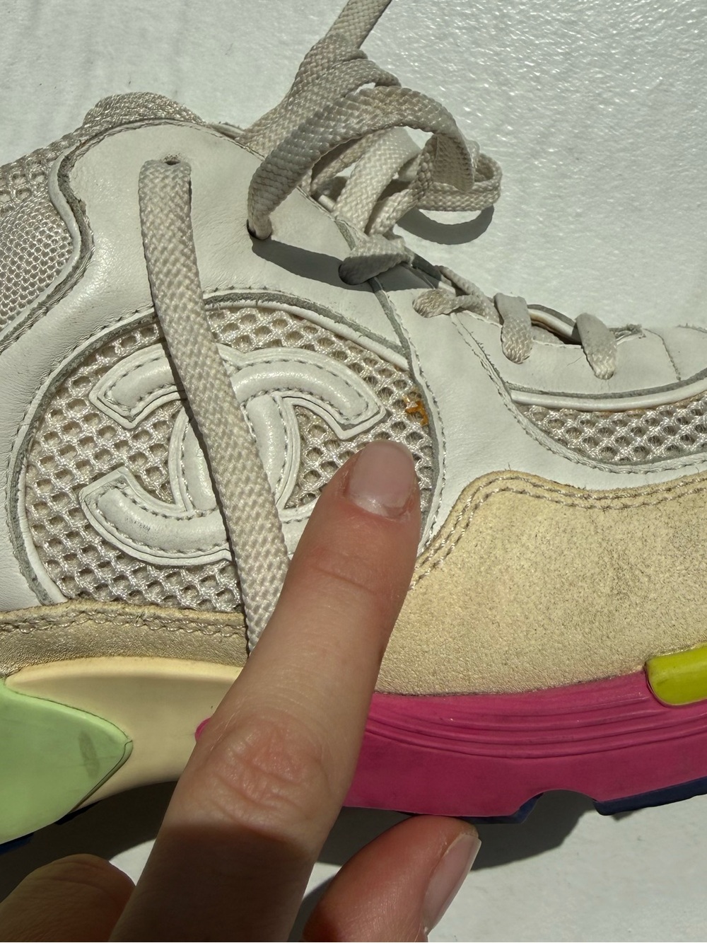 VINTAGE CHANEL White Leather & Suede CC Trainer with Pink, Green & Yellow Accent - Picture 4 of 11